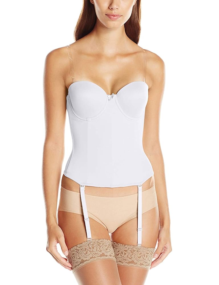 Woman wearing a white strapless top and beige underwear on a white background