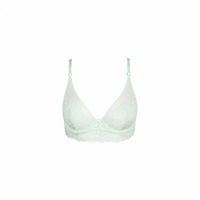 Mint green lace bra on a white background