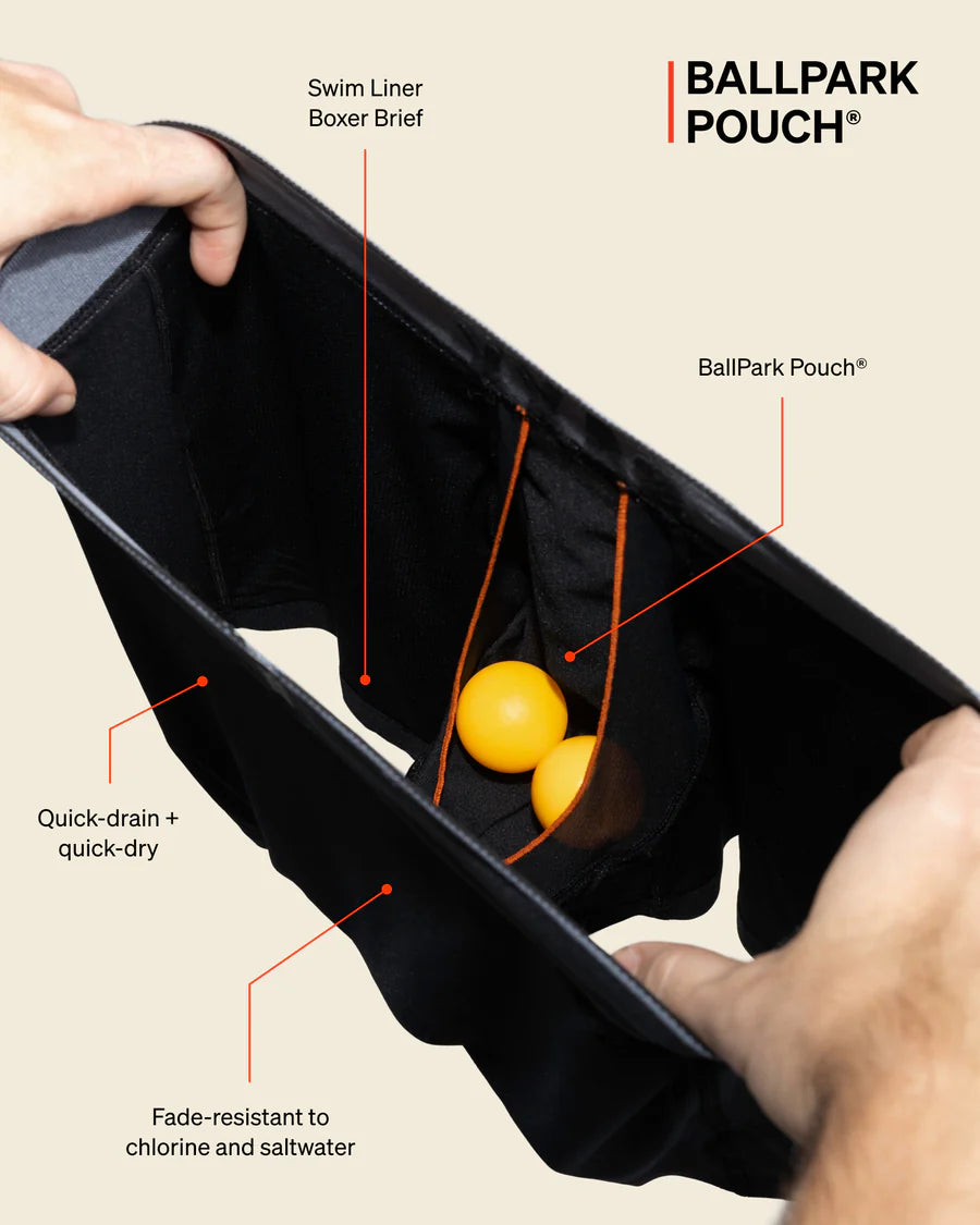 BallPark Pouch with swim liner, boxer brief, and quick-dry features labeled