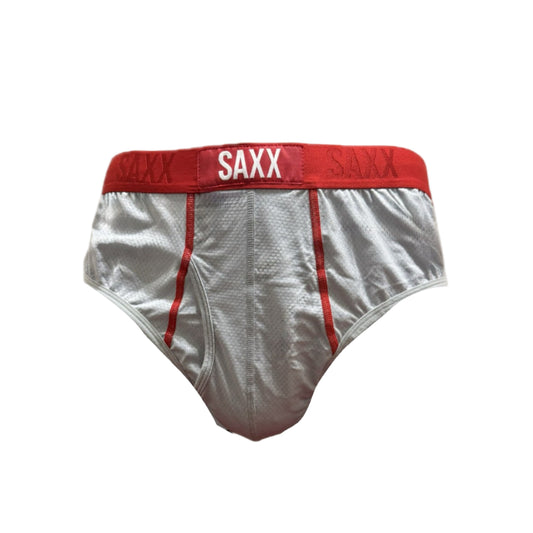 Gray underwear with red waistband and 'SAXX' branding on a white background