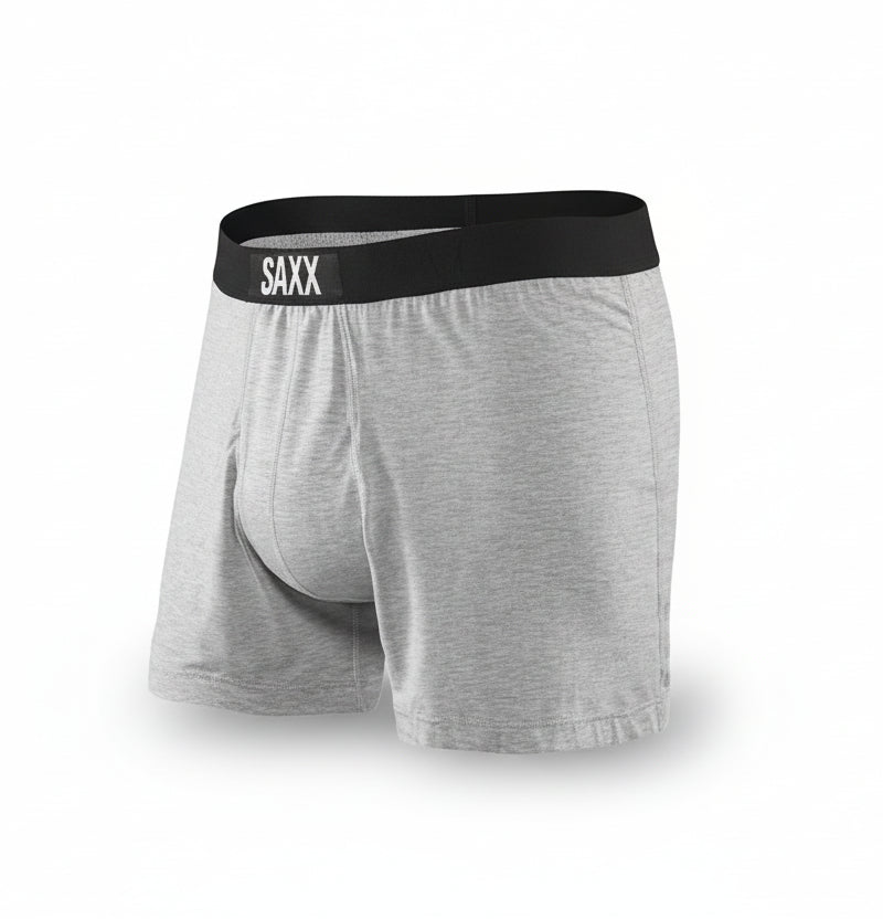 Gray boxer briefs with a black waistband featuring 'SAXX' branding on a white background.