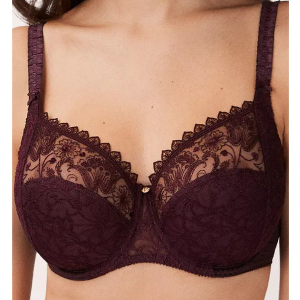 Underwired full-cup bra, good support, lace, floral embroidery, Lilac