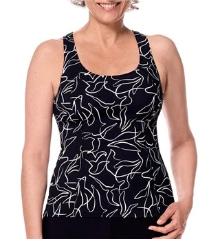 Woman wearing a black tank top with white abstract patterns on a white background