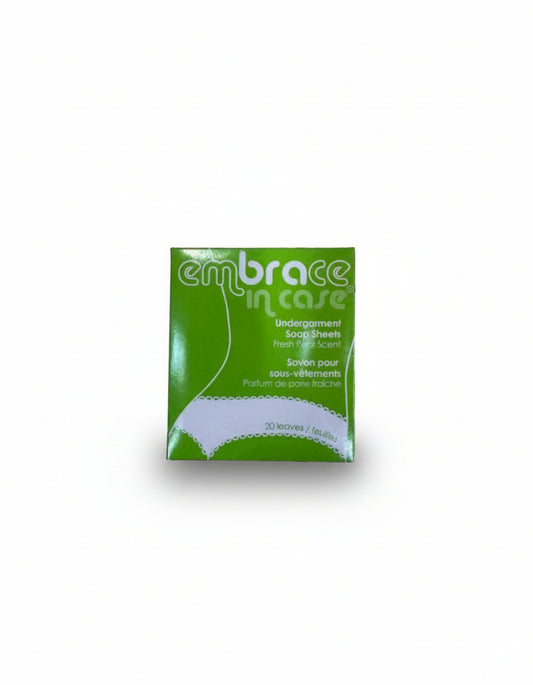 Pack of 'embrace in case' underwear soap sheets on a white background