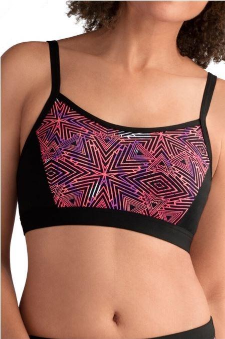 A vibrant, active swimwear design with a geometric pattern on the front and solid black at the sides, back, and straps.
