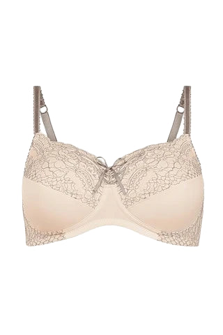 Beige lace bra on a white background