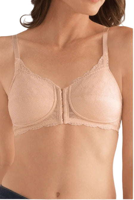 Beige bra with lace details on a plain background