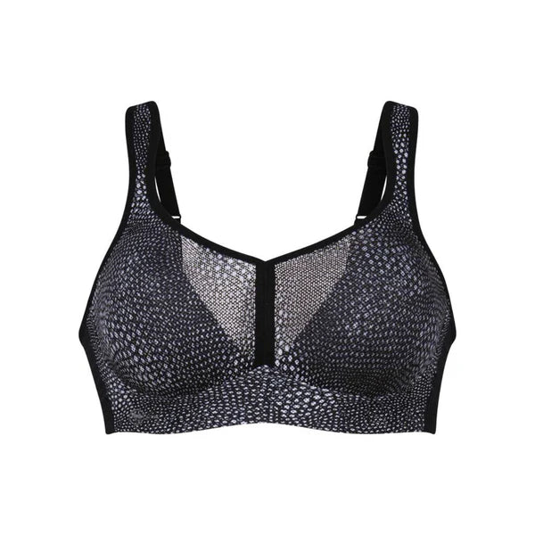 Black sports bra with mesh design on a white background