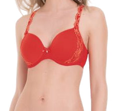 Woman wearing a red bra on a white background