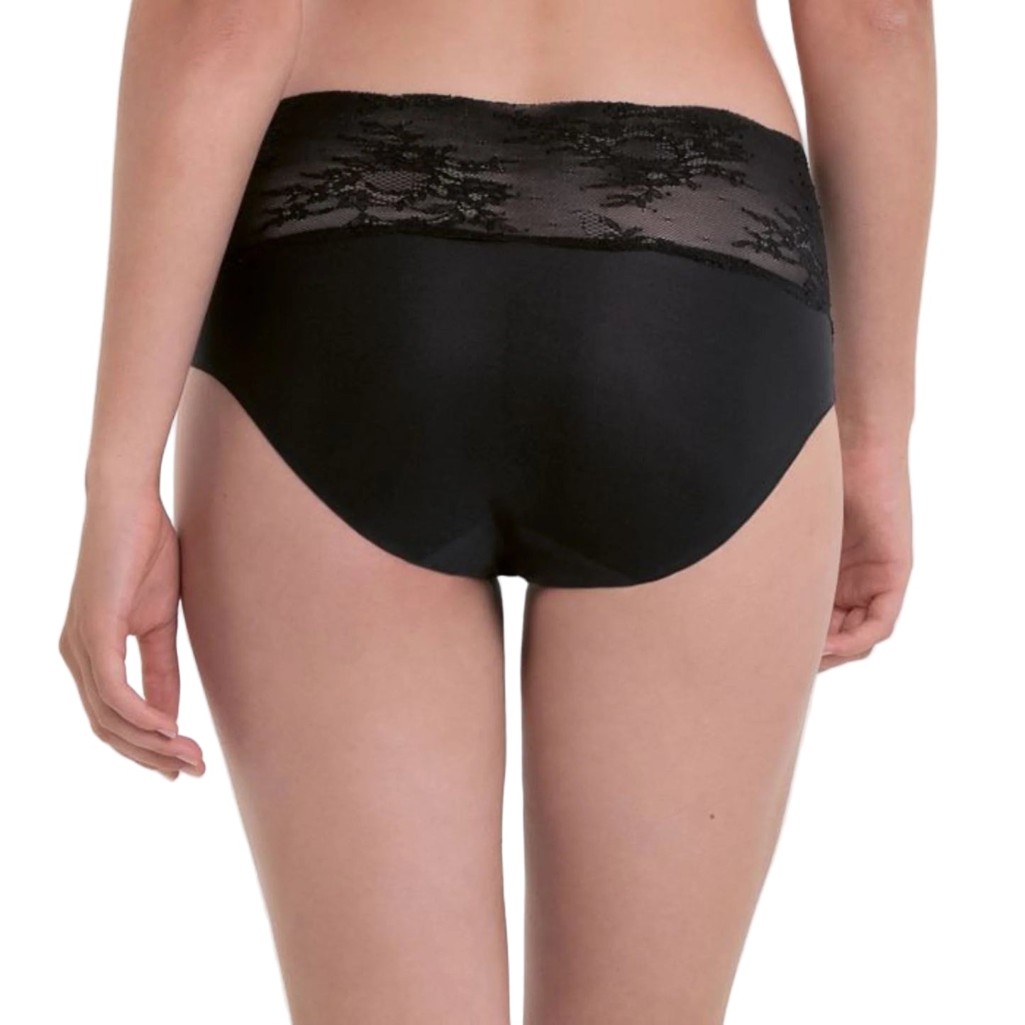 Black lace-trimmed underwear on a white background