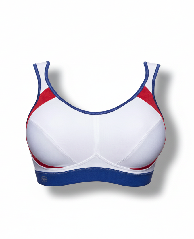 White sports bra with red and blue accents on a white background