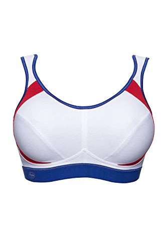 White sports bra with red and blue accents on a white background