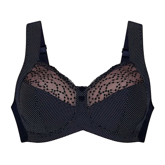 Black bra with lace detailing on a white background