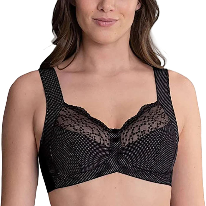Black lace bra worn by a model on a white background