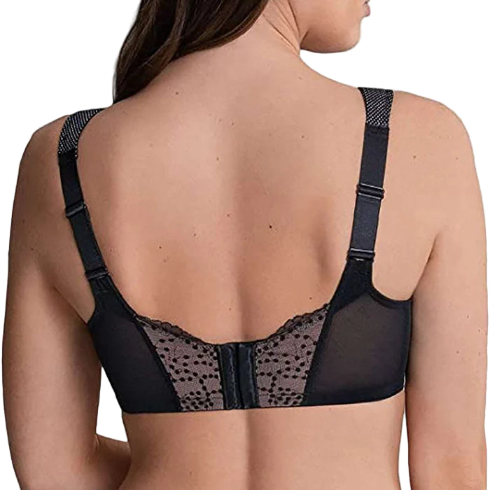 Black bra with mesh design on a white background