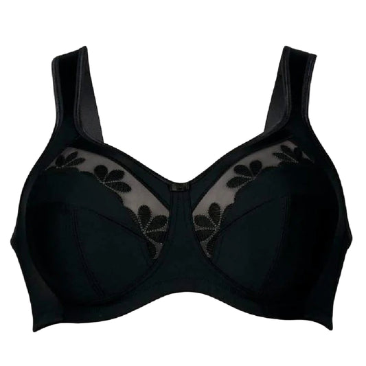 Black bra with lace details on a white background