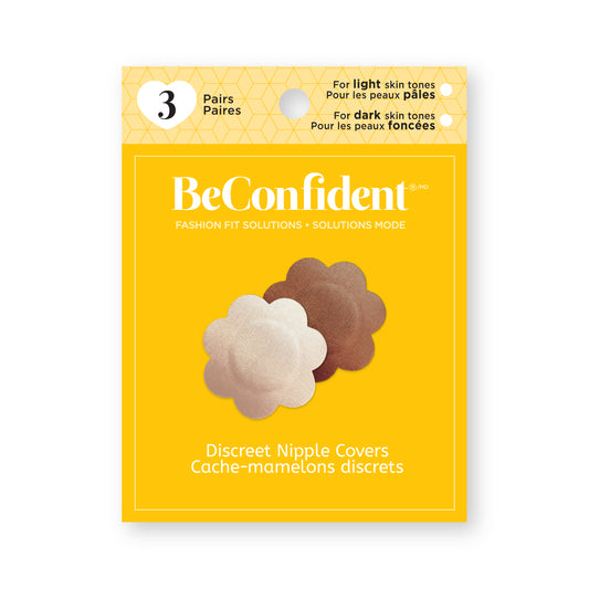 BeConfident discreet nipple covers packaging with two covers on a yellow background
