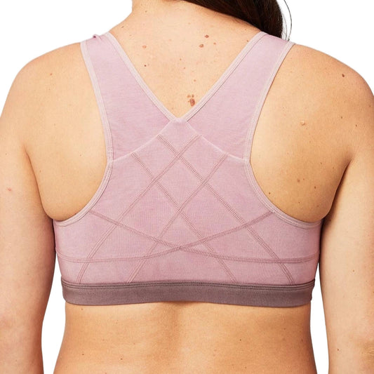 Back view of a person wearing a light purple sports bra on a white background
