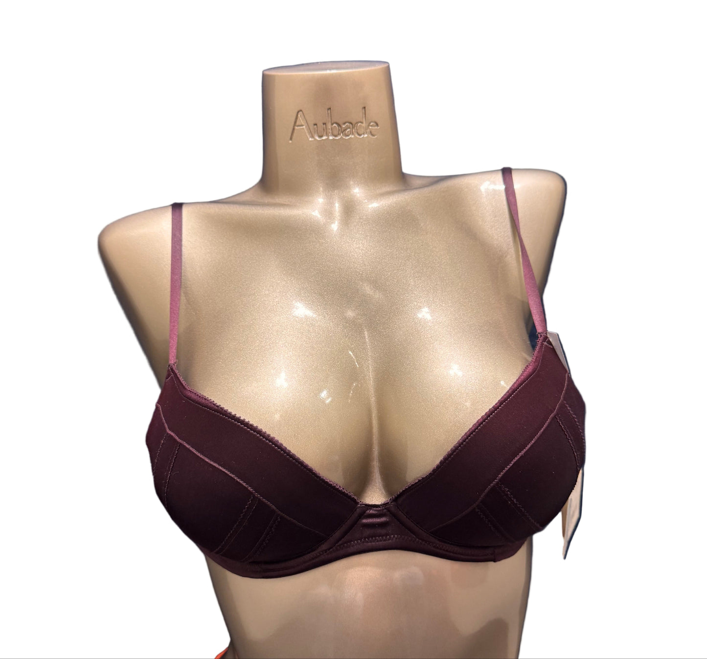 Mannequin wearing a maroon bra on a blue background