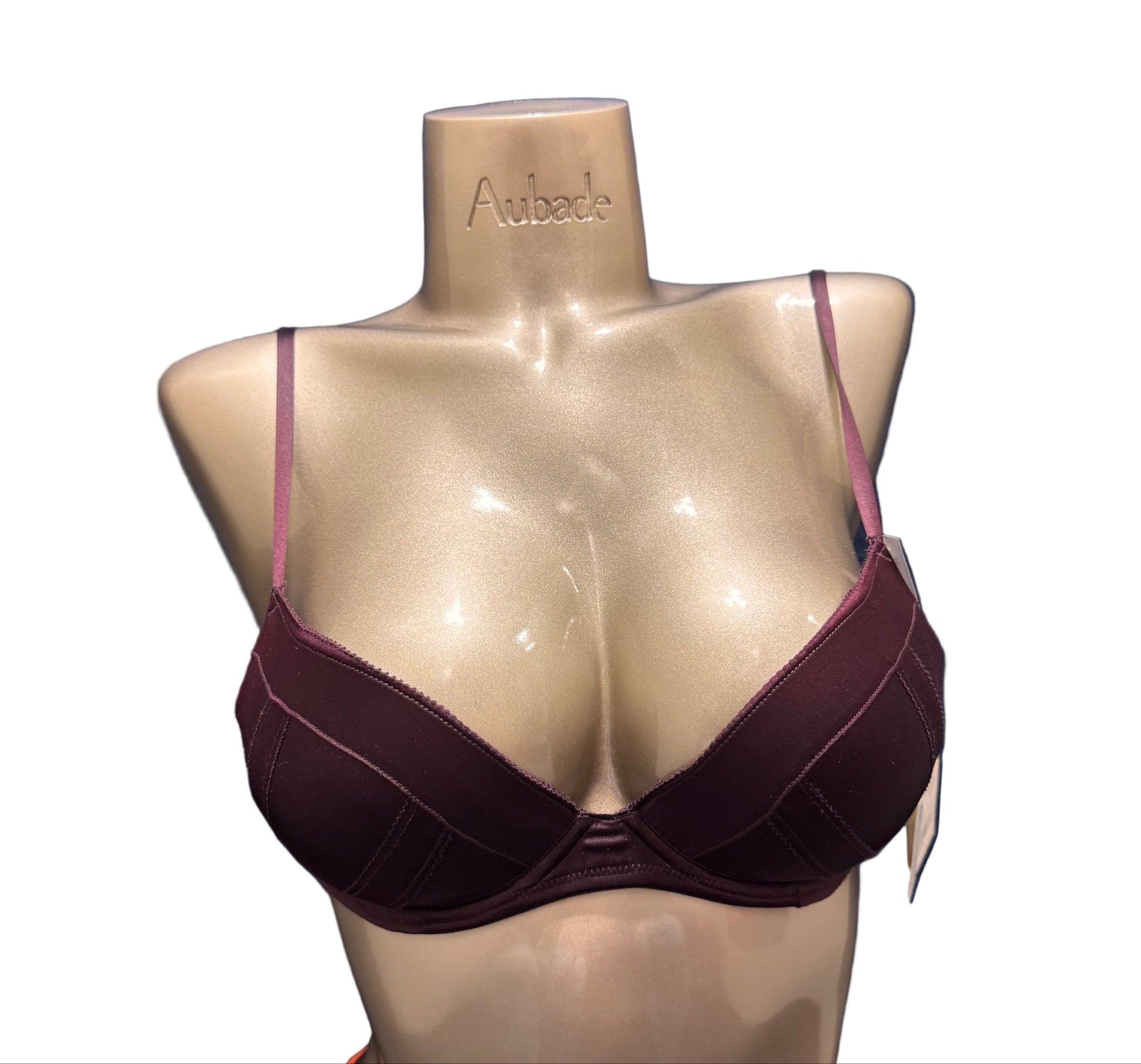 Mannequin wearing a maroon bra on a blue background