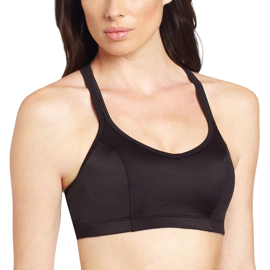 Black sports bra worn by a person on a white background