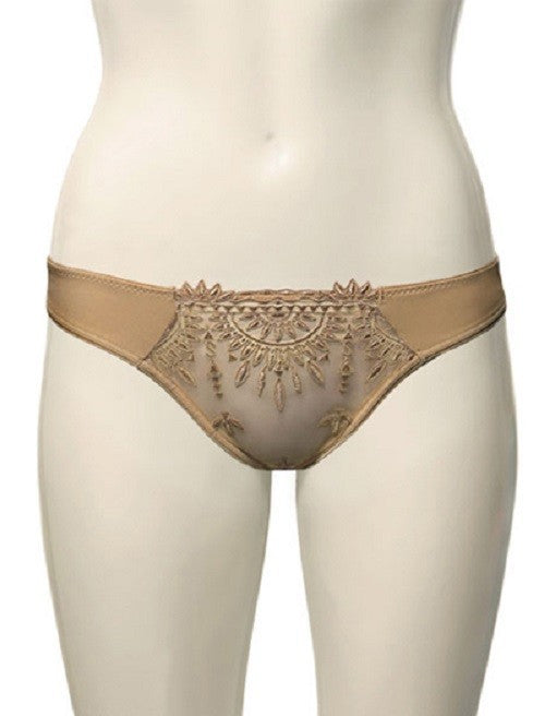Beige lace underwear on a mannequin against a white background