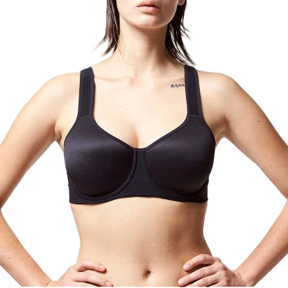 Woman wearing a black sports bra against a plain background