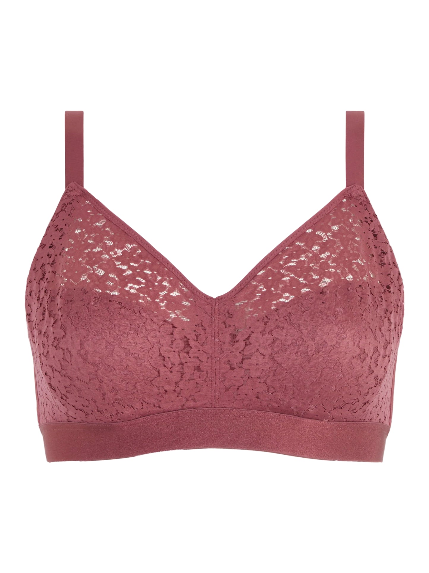 Pink lace bra on a white background