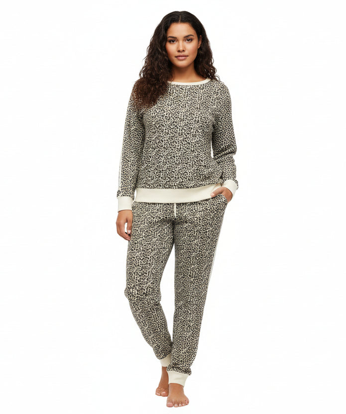 Leopard print jogger set on a mannequin against a white background