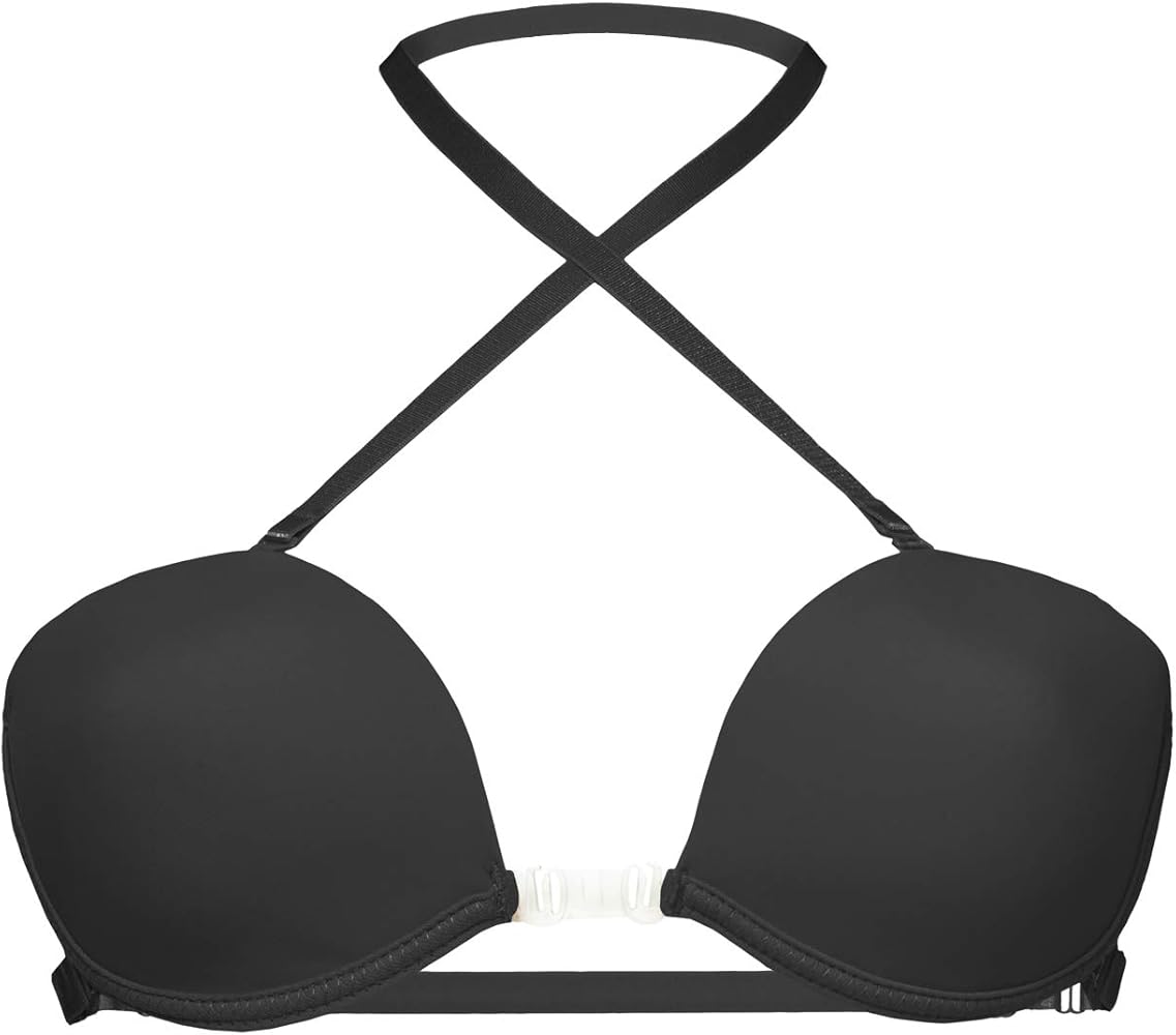 Black bikini top with thin straps on a white background