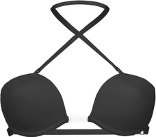 Black bikini top with thin straps on a white background