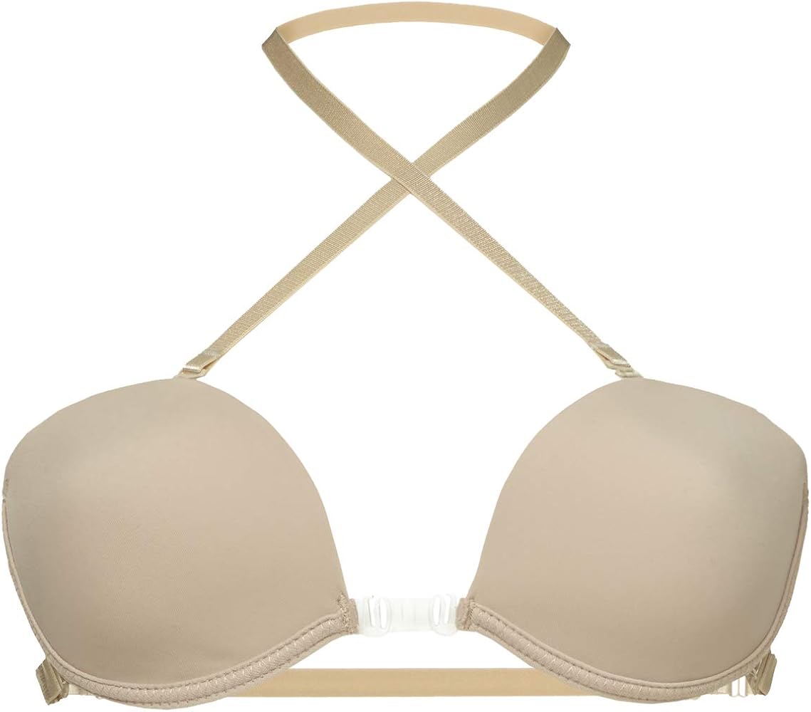 Beige bikini top with thin straps on a white background