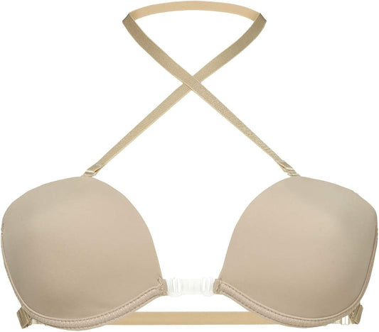 Beige bikini top with thin straps on a white background