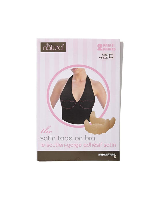 Package of satin tape-on bra with model and product illustration on a white background