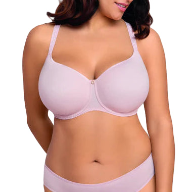 Woman wearing a light purple bra and panties set on a white background