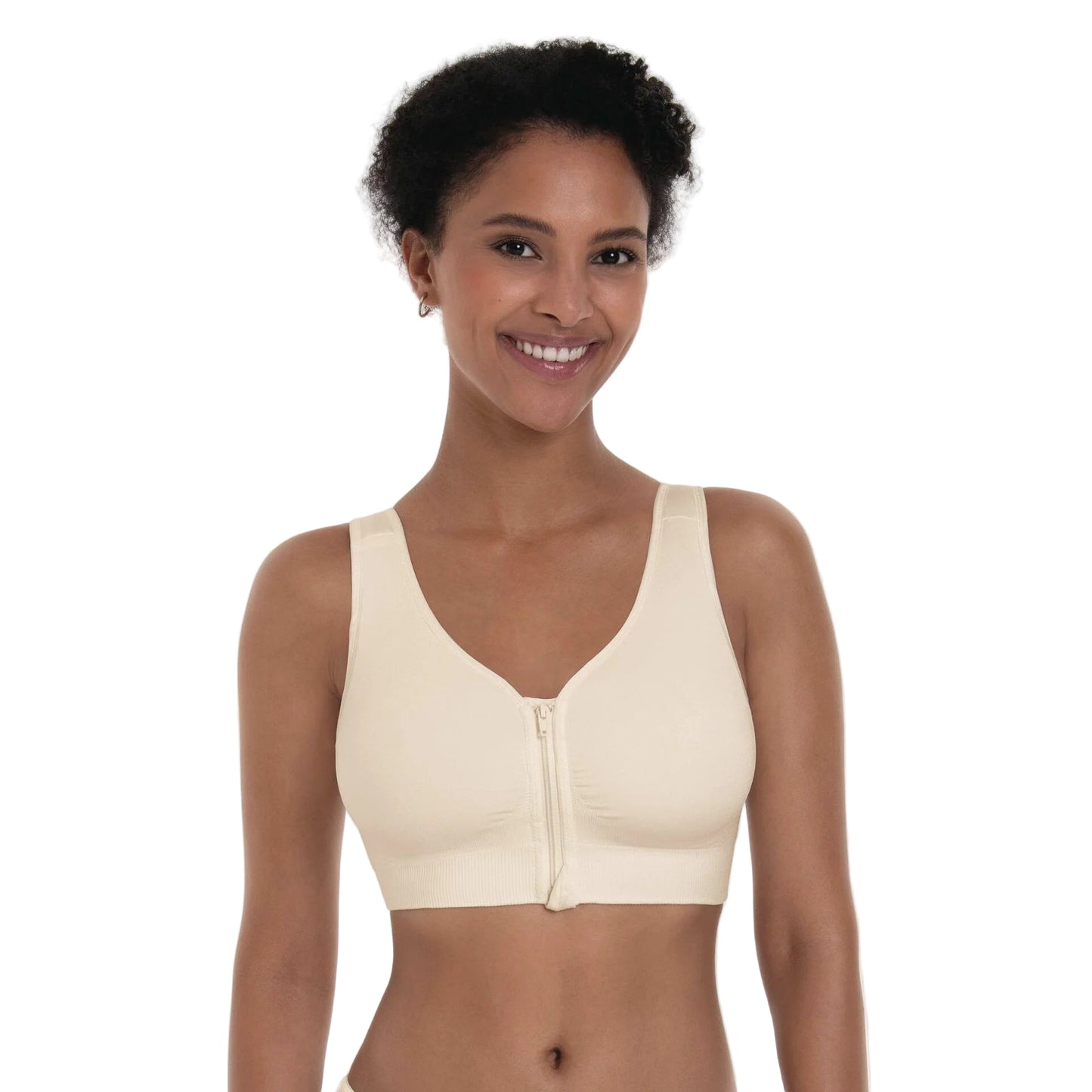 Woman wearing a beige zip-up sports bra on a white background