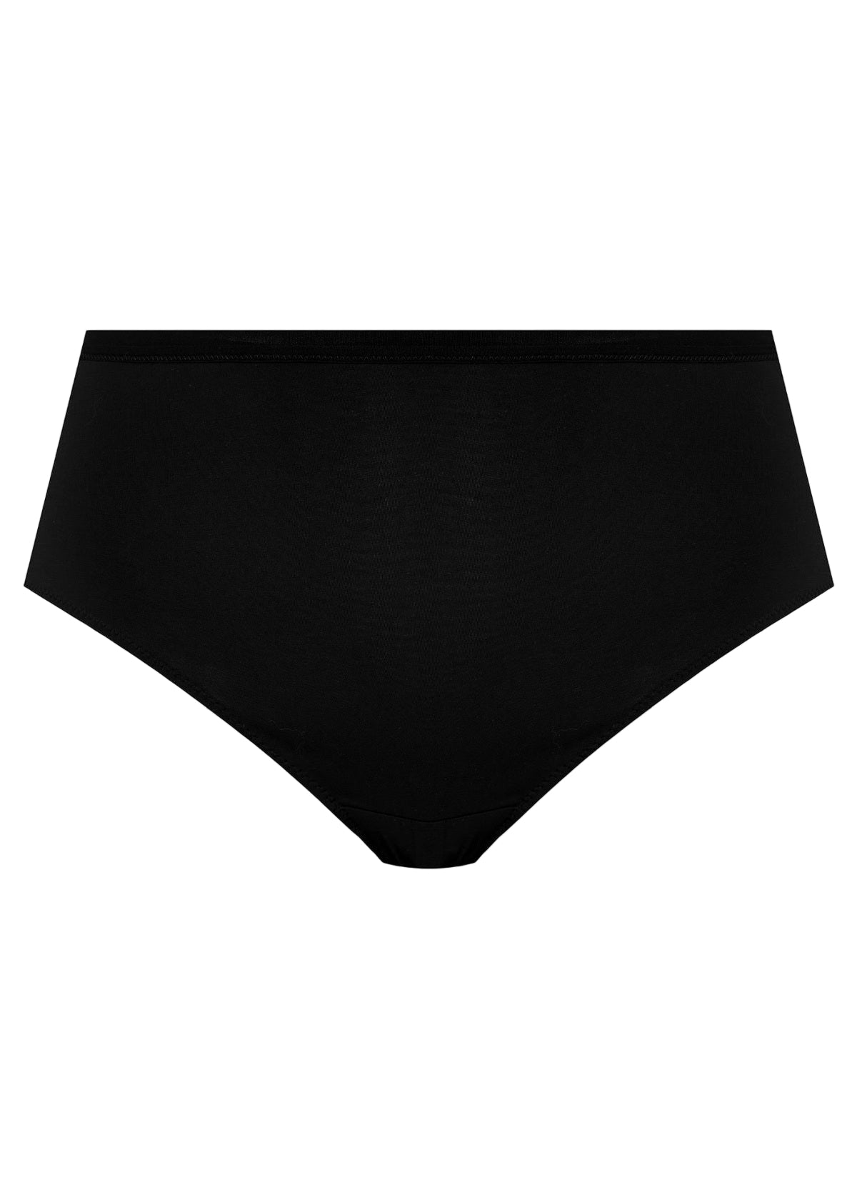Black high-waisted bikini bottom on a white background