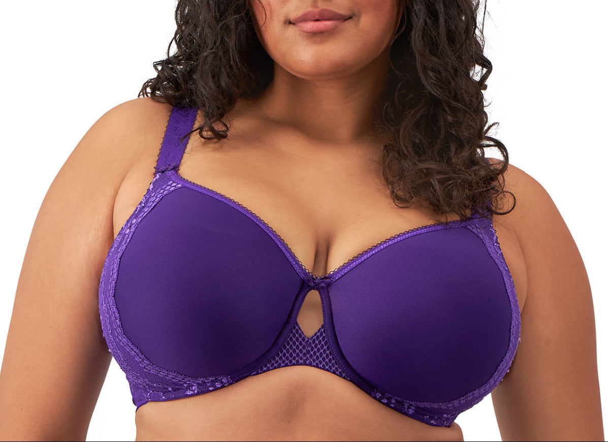Purple bra worn by a model on a white background