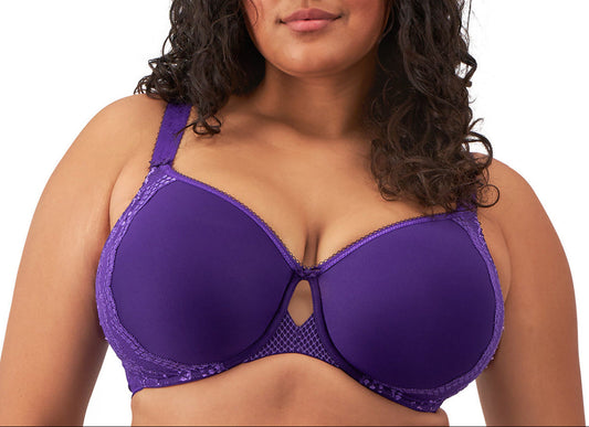 Purple bra worn by a model on a white background