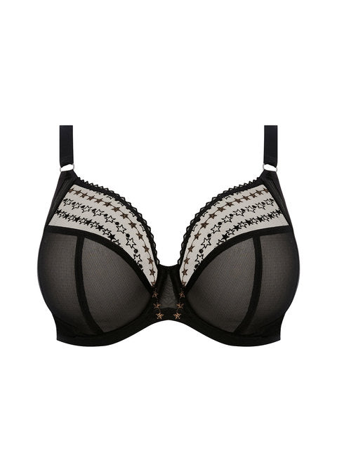 Black bra with lace details on a white background