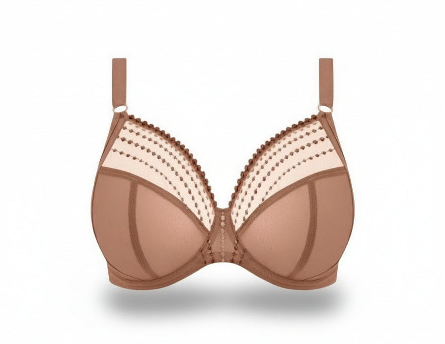 Brown bra with lace details on a white background