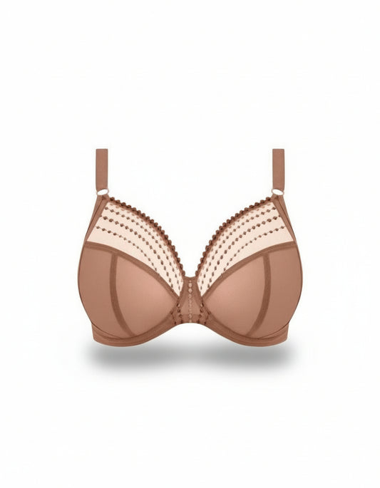 Brown bra with lace details on a white background