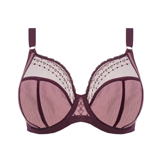 Purple bra with lace detailing on a white background