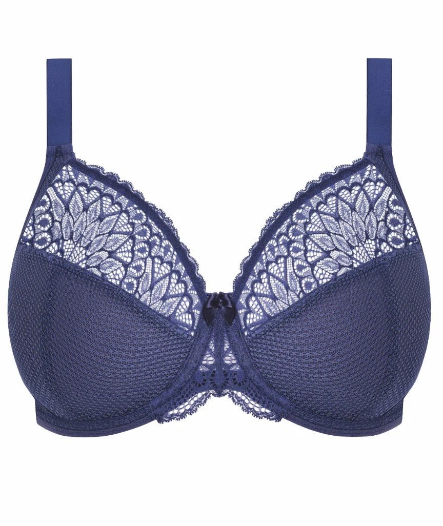 Navy blue bra with lace detailing on a white background