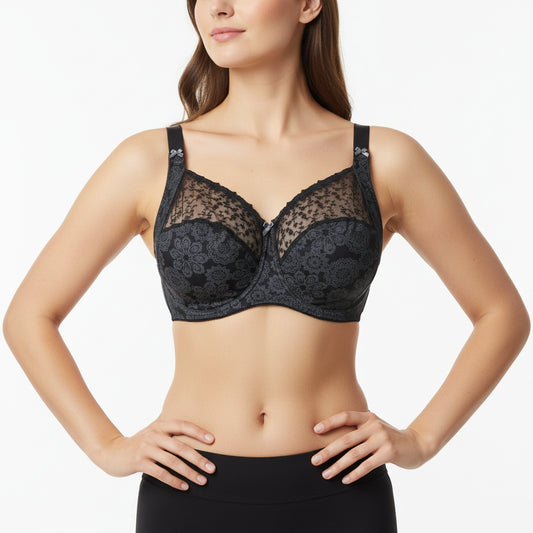Black lace bra on a white background