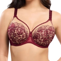 Lace bralette worn by a model on a plain background