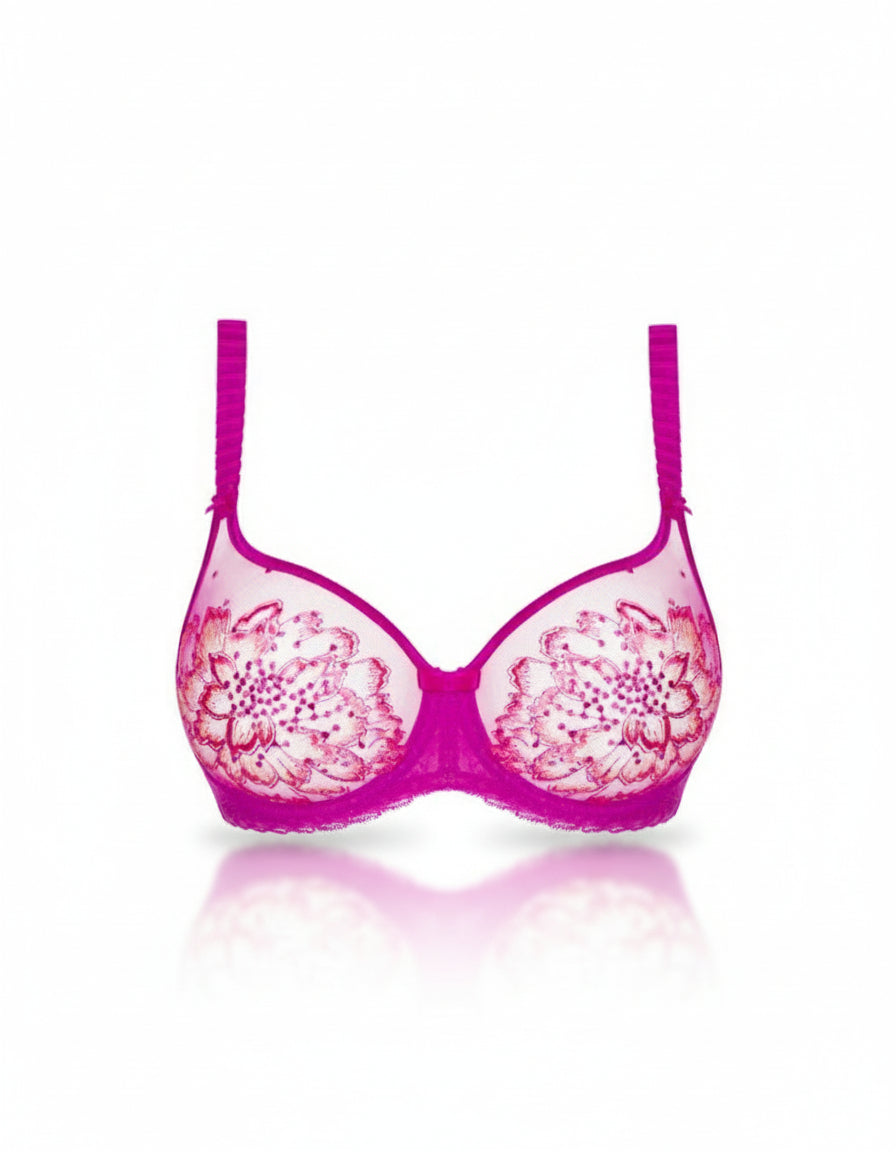 Pink bra with floral design on a white background
