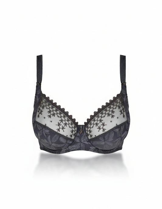 Black lace bra on a white background