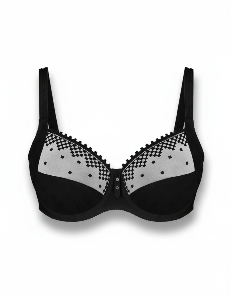 Black bra with checkered design on a white background