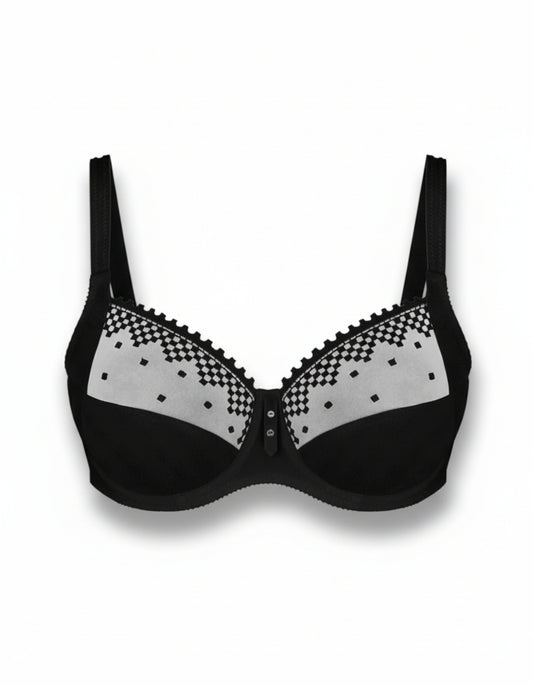 Black bra with checkered design on a white background